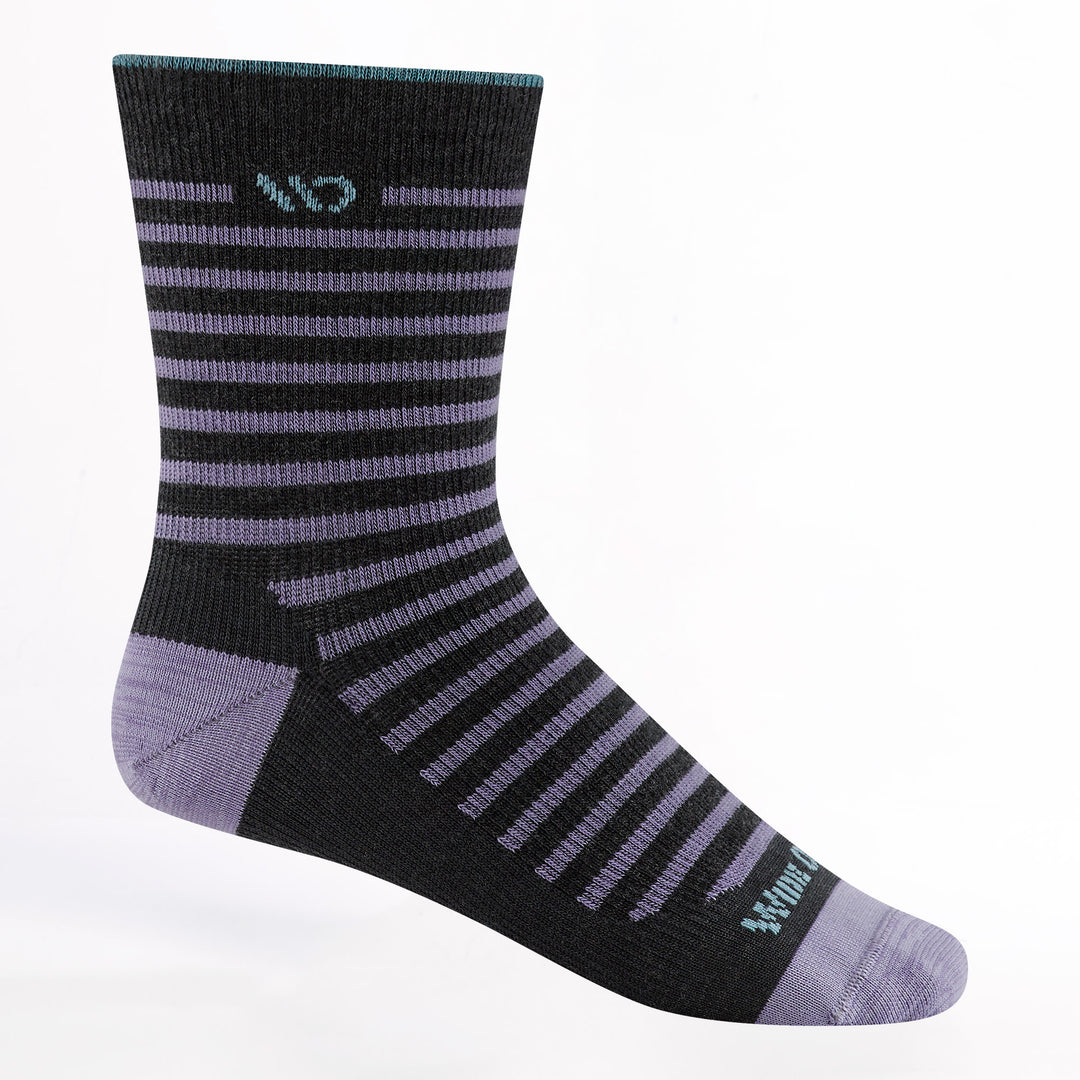9518 Women's Striped Lightweight Micro Crew in Charcoal with black body lavender stripe/heel/toe and light blue logo