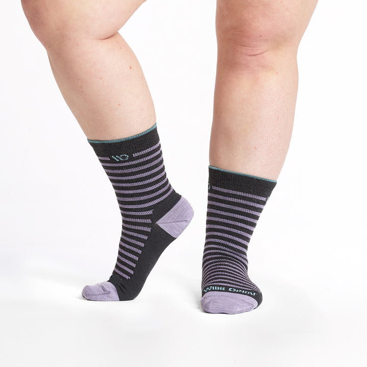9518 charcoal crew sock with purple stripes, teal heel/toe, and light blue cuff trim, shown from front and side.
