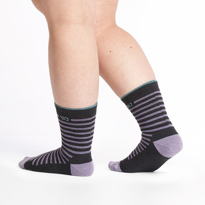 9518- charcoal crew sock with purple stripes/heel/toe, and light blue cuff trim, shown from side and behind.