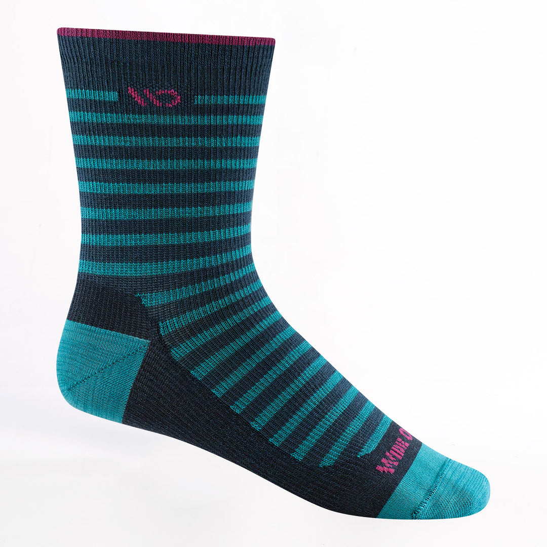 9518 Women's Striped Lightweight Micro Crew in Navy with Navy body Aqua stripe/heel/toe and magenta logo