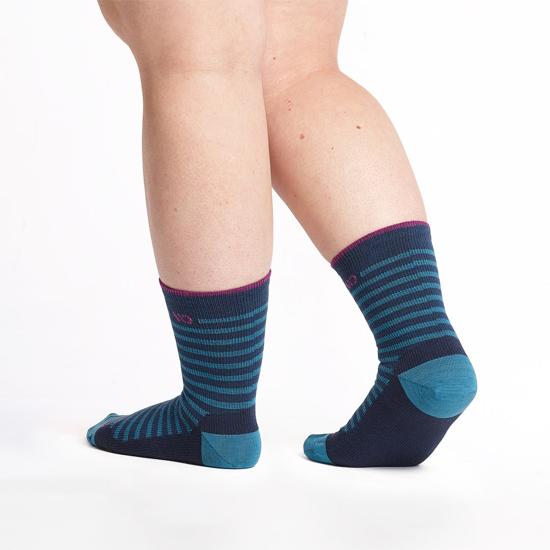 9518 Navy crew sock with teal stripes, teal heel/toe, and magenta cuff trim, shown from behind.