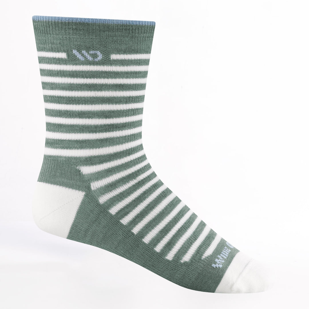 9518 Women's Striped Lightweight Micro Crew in Seafoam with green body white stripe/heel/toe and light blue logo