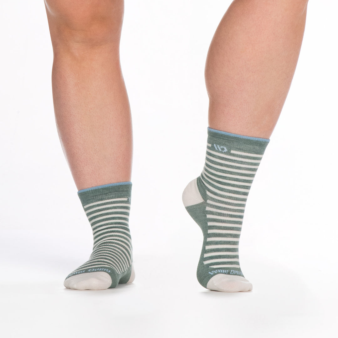 9518 seafoam micro crew with white heel/toe/stripe, blue logo, shown from the front and right foot lifted on toe