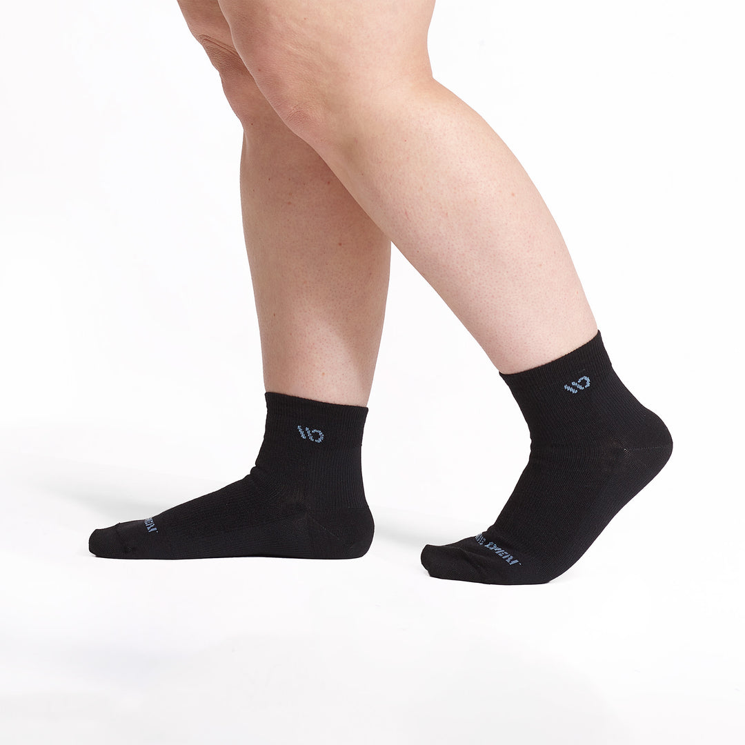 models feet walking to the left wearing the 9515 lightweight quarter sock in black 