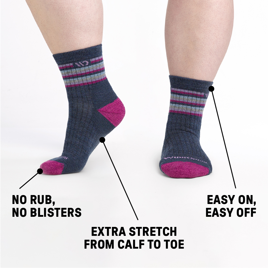 Wide socks for wide feet with easy-on, easy-off stretch and supportive comfort.